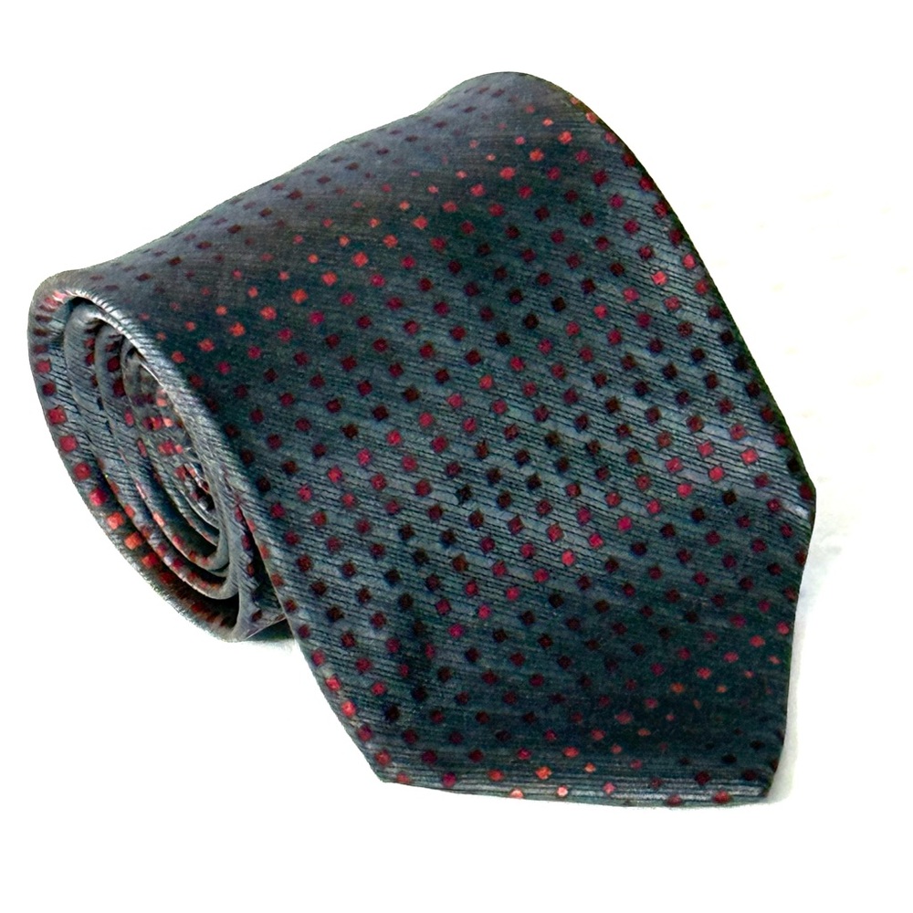 DKNY 100% Silk Men's Necktie Gray and Red Squares (Geometric/Dot)‎ Pattern